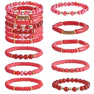 8Pcs 8 Style Natural Red Agate & Glass & Polymer Clay Heishi Surfer Stretch Bracelets Set, Acrylic Curved Chunky Bracelets for Women, Red, Inner Diameter: 2-1/8 inch(5.5cm), 1Pc/style(BJEW-SW00083)