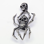 Fashionable Retro Halloween Jewelry 304 Stainless Steel Pendants, Spider and Skull, Antique Silver, 64x30~33x9mm, Hole: 5x12mm(STAS-R053-81)