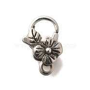 304 Stainless Steel Lobster Claw Clasps, Flower, Antique Silver, 13x8.5x1.3mm, Hole: 1.3mm(STAS-R140-07AS)