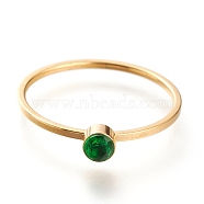 Ion Plating(IP) 304 Stainless Steel Finger Rings, with Rhinestone, Flat Round, Golden, Emerald, US Size 7~7 3/4(17.3~17.9mm)(RJEW-B0005-7-06G)