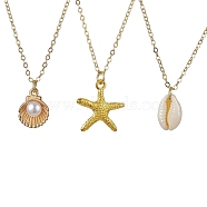 3Pcs Ocean Theme Natural Cowrie Shell & Alloy Starfish Pendants Necklaces, Real 18K Gold Plated Brass Cable Chains Necklaces for Women, Mixed Shapes, 15.28 inch~16.73 inch(38.8~42.5cm)(NJEW-JN04787)