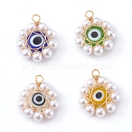 Plastic Pendants, with ABS Plastic Imitation Pearl & Resin Beads, Eco-Friendly Copper Wire and Handmade Lampwork, Flower with Evil Eye, Golden, Mixed Color, 18x16x4mm, Hole: 2.5mm(PALLOY-JF00633)
