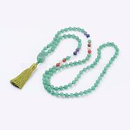 Natural Green Aventurine Tassel Pendant Necklaces, with Gemstone Beads, Chakra Necklaces, 40.5 inch(103cm)(NJEW-P193-A06)