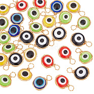 Evil Eye Resin Pendants, with Real 18K Gold Plated Friendly Copper Wire Wrapped, Flat Round Charm, Mixed Color, 18~19x11.5~12x6~6.5mm, Hole: 3~4mm, 30pcs/box(FIND-AR0003-02)