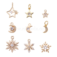 18Pcs 9 Style Brass Micro Pave Cubic Zirconia Charms, Light Gold, Long-Lasting Plated, Star & Moon & Snowflake, Mixed Color, 8~17.5x5~13x1~3mm, Hole: 1~3.5mm, 2pcs/style(KK-CF0001-01)