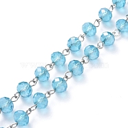 Handmade Electroplate Glass Beaded Chains, with Platinum Plated Iron Eye Pin, Unwelded, Deep Sky Blue, 39.37 inch(100cm), Beads: 8x6mm(AJEW-JB00529-06)