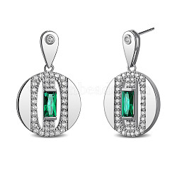 SHEGRACE Brass Micro Pave Grade AAA Cubic Zirconia Dangle Stud Earrings, Flat Round, Green, Platinum, 33x20mm(JE898A)