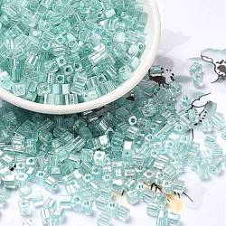 Glass Seed Beads, Transparent Lustered Glass, Square Hole, Square, Medium Turquoise, 4x4x4mm, Hole: 1.2mm, 5000pcs/pound(SEED-H002-F-1141)