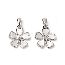 Brass Pave Shell Pendants, Flower Charms with Clear Glass, Real Platinum Plated, 15.5x13.5x1.5mm, Hole: 3mm(KK-P260-16P)