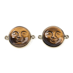 Natural Tiger Eye Smiling Face Links Connector Charms, Golden Tone Rack Plating Brass Flat Round Charms, 23x17x6.7mm, Hole: 1.2mm(G-K372-01G)