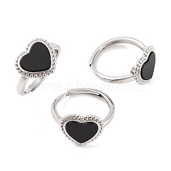 Heart Natural Black Onyx Adjustable Rings, Brass Ring for Women, Long-Lasting Plated, Lead Free & Cadmium Free, Platinum, Inner Diameter: 18mm(RJEW-Q817-05P-05)