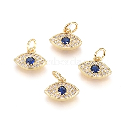 Brass Micro Pave Cubic Zirconia Charms, with Jump Ring, Long-Lasting Plated, Evil Eye, Blue & Clear, Real 18K Gold Plated, 8.5x11.5x2mm, Hole: 3.5mm(ZIRC-G166-15G)