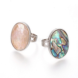 Adjustable Abalone Shell/Paua Shell/Pink Shell Rings, with Platinum Brass Findings, Oval, Mixed Color, Size 8, 18mm(RJEW-O033-A-1)