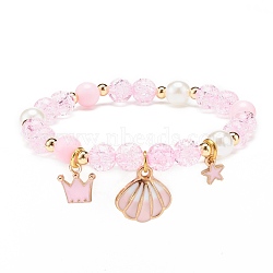 Acrylic Imitation Pearl Stretch Bracelet, Alloy Enamel Shell Crown Star Charms Bracelet for Women, Pink, Inner Diameter: 2-1/4 inch(5.8cm)(BJEW-JB08448-04)
