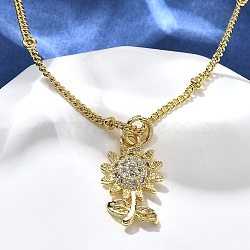 Brass Micro Pave Clear Cubic Zirconia Sunflower Pendant Necklaces for Women, Real 18K Gold Plated, 17.91 inch(45.5cm)(NJEW-A039-01A-G)