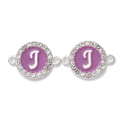 Alloy Enamel Links Connectors, with Crystal Rhinestones, Flat Round with Letter, Silver Color Plated, Letter.J, 22x16x2mm, Hole: 1.8mm(ENAM-TAC0003-01S-01J)