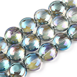 Transparent Electroplate Glass Bead Strands, Rainbow Plated, Flat Round, Dark Sea Green, 12x8mm, Hole: 1.2mm, about 50pcs/strand, 24.41''(62cm)(EGLA-P049-01A-FR01)