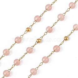 Dyed Natural Jade Round Beaded Chain, with Golden 304 Stainless Steel Satellite Chains, Unwelded, with Spool, Pale Violet Red, 2.5x1x0.3mm, 5x4mm, 3mm, about 32.81 Feet(10m)/Roll(CHS-C006-01C)