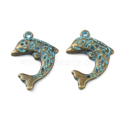 Alloy Pendant, Antique Bronze & Blue Patina, Dolphin, 29x21x3mm, Hole: 1.8mm(PALLOY-K016-01I-AB)