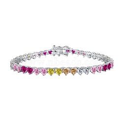 Anti-Tarnish Rhodium Plated 925 Sterling Silver Link Chain Bracelet, Colorful Cubic Zirconia Tennes Bracelet, Heart, 7-5/8 inch(19.4cm)(BJEW-Z017-01C)