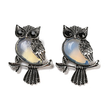 Opalite Pendants, Antique Silver Plated Owl Charms with Blak Glass, 45x33.5x19mm, Hole: 8x9.5mm