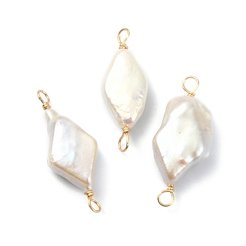 Natural Baroque Pearl Keshi Pearl Copper Wire Wrapped Connector Charms, Cultured Freshwater Pearl Rhombus Links, Golden, 24~28x9~11.5x4.5~6mm, Hole: 3mm