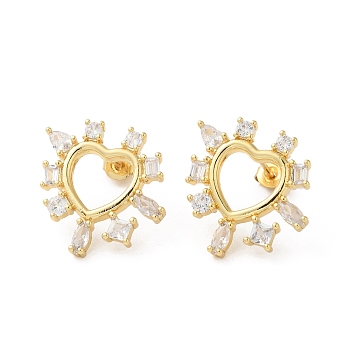 Hollow Heart Rack Plating Brass Stud Earrings, with Clear Cubic Zirconia, Lead Free & Cadmium Free, Real 18K Gold Plated, 20x20mm