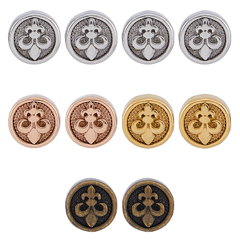10Pcs 4 Colors 304 Stainless Steel Beads, Flat Round with Fleur De Lis, Mixed Color, 10x6mm, Hole: 1.6mm