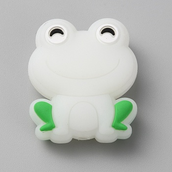 Frog Luminous Food Grade Eco-Friendly Silicone Beads, Glow in the Dark, White, 28x24x10mm, Hole: 3mm