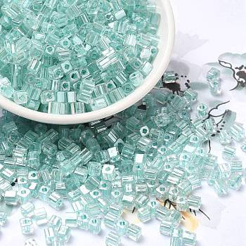 Glass Seed Beads, Transparent Lustered Glass, Square Hole, Square, Medium Turquoise, 4x4x4mm, Hole: 1.2mm, 5000pcs/pound
