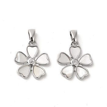 Brass Pave Shell Pendants, Flower Charms with Clear Glass, Real Platinum Plated, 15.5x13.5x1.5mm, Hole: 3mm