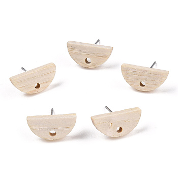 Ash Wood Stud Earring Findings, with 304 Stainless Steel Pin, Fan, 16x8mm, Hole: 1.8mm, Pin: 0.7mm