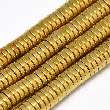 Electroplate Non-magnetic Synthetic Hematite Beads Strands, Heishi Beads, Flat Round/Disc, Golden Plated, 10x2mm, Hole: 1mm, about 192pcs/strand, 16.1 inch