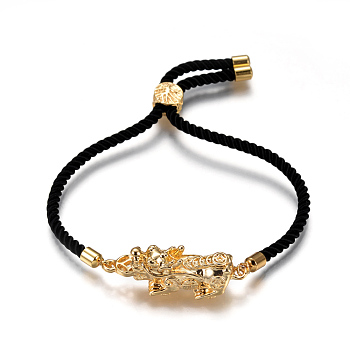 Adjustable Nylon Cord Bracelets, Slider Bracelets, Bolo Bracelets, with Alloy Links and Brass Findings, Pi Xiu, Golden, Black, 9-1/4 inch(23.5cm), 3mm