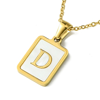 Ion Plating(IP) Rectangle with Initial Letter 304 Stainless Steel Pendant Necklace, white Shell, Real 18K Gold Plated, Letter D, 16.06 inch(40.8cm)