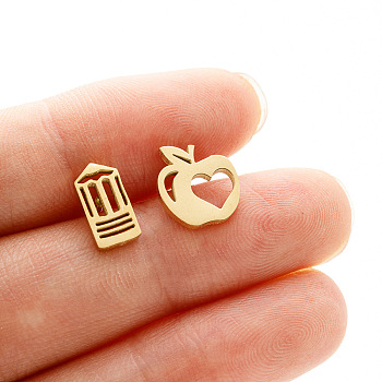 Teachers' Day 304 Stainless Steel Stud Earrings, Apple & Pencil, Left and Right, Golden, 10x9mm and 10x5mm