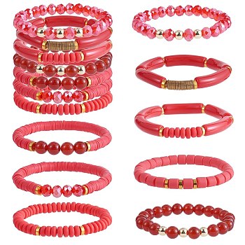 8Pcs 8 Style Natural Red Agate & Glass & Polymer Clay Heishi Surfer Stretch Bracelets Set, Acrylic Curved Chunky Bracelets for Women, Red, Inner Diameter: 2-1/8 inch(5.5cm), 1Pc/style