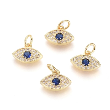 Brass Micro Pave Cubic Zirconia Charms, with Jump Ring, Long-Lasting Plated, Evil Eye, Blue & Clear, Real 18K Gold Plated, 8.5x11.5x2mm, Hole: 3.5mm