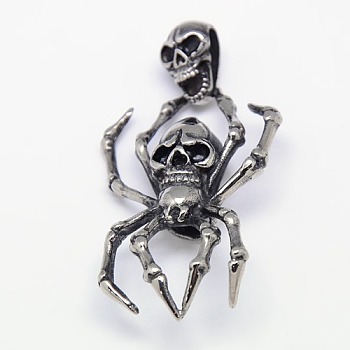 Fashionable Retro Halloween Jewelry 304 Stainless Steel Pendants, Spider and Skull, Antique Silver, 64x30~33x9mm, Hole: 5x12mm