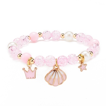 Acrylic Imitation Pearl Stretch Bracelet, Alloy Enamel Shell Crown Star Charms Bracelet for Women, Pink, Inner Diameter: 2-1/4 inch(5.8cm)