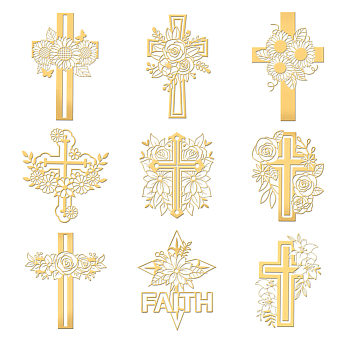 9Pcs Nickel Custom Self-adhesive Picture Stickers, Independence Day Metal Decals, Golden, Cross, 40x40mm