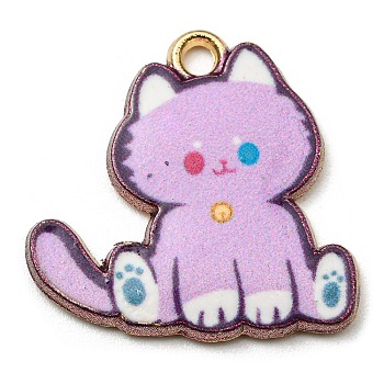 Printed Alloy Pendants, Golden, Cadmium Free & Nickel Free & Lead Free, Cat Shape Charms, Lilac, 20x20x2mm, Hole: 1.6mm