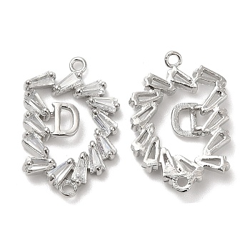 Brass Connector Charms with Crystal Glass Rhinestone, Flower Links with Letter D, Platinum, 19x13x3mm, Hole: 1mm