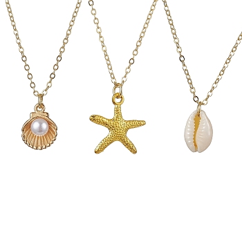 3Pcs Ocean Theme Natural Cowrie Shell & Alloy Starfish Pendants Necklaces, Real 18K Gold Plated Brass Cable Chains Necklaces for Women, Mixed Shapes, 15.28 inch~16.73 inch(38.8~42.5cm)