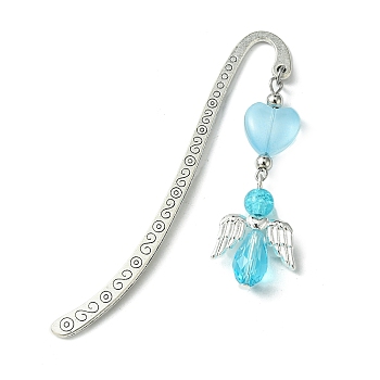 Glass Bead Heart Angel Bookmarks, Tibetan Style Alloy Hook Bookmarks, Light Sky Blue, 83x15mm