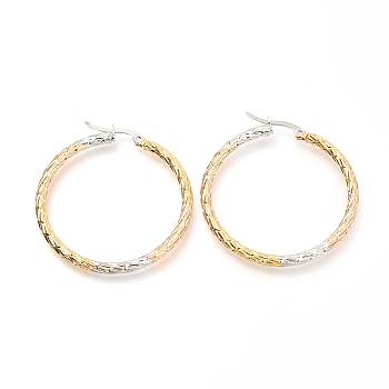 304 Stainless Steel Hoop Earrings, Textured Ring Shape, Multi-color, 44x40x3mm, Pin: 0.7mm
