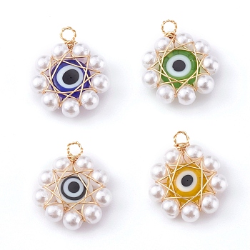 Plastic Pendants, with ABS Plastic Imitation Pearl & Resin Beads, Eco-Friendly Copper Wire and Handmade Lampwork, Flower with Evil Eye, Golden, Mixed Color, 18x16x4mm, Hole: 2.5mm