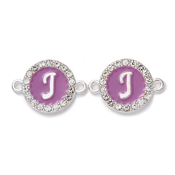 Alloy Enamel Links Connectors, with Crystal Rhinestones, Flat Round with Letter, Silver Color Plated, Letter.J, 22x16x2mm, Hole: 1.8mm