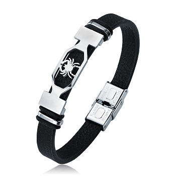 201 Stainless Steel Constellation Beaded Bracelet, Leather Cord Gothic Bracelet for Men Women, Cancer, 8-1/4 inch(21cm)