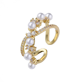 Cubic Zirconia Infinity Open Cuff Ring with Imitation Pearl, Real 18K Gold Plated Brass Jewelry for Women, Nickel Free, Creamy White, US Size 7 3/4(17.9mm)